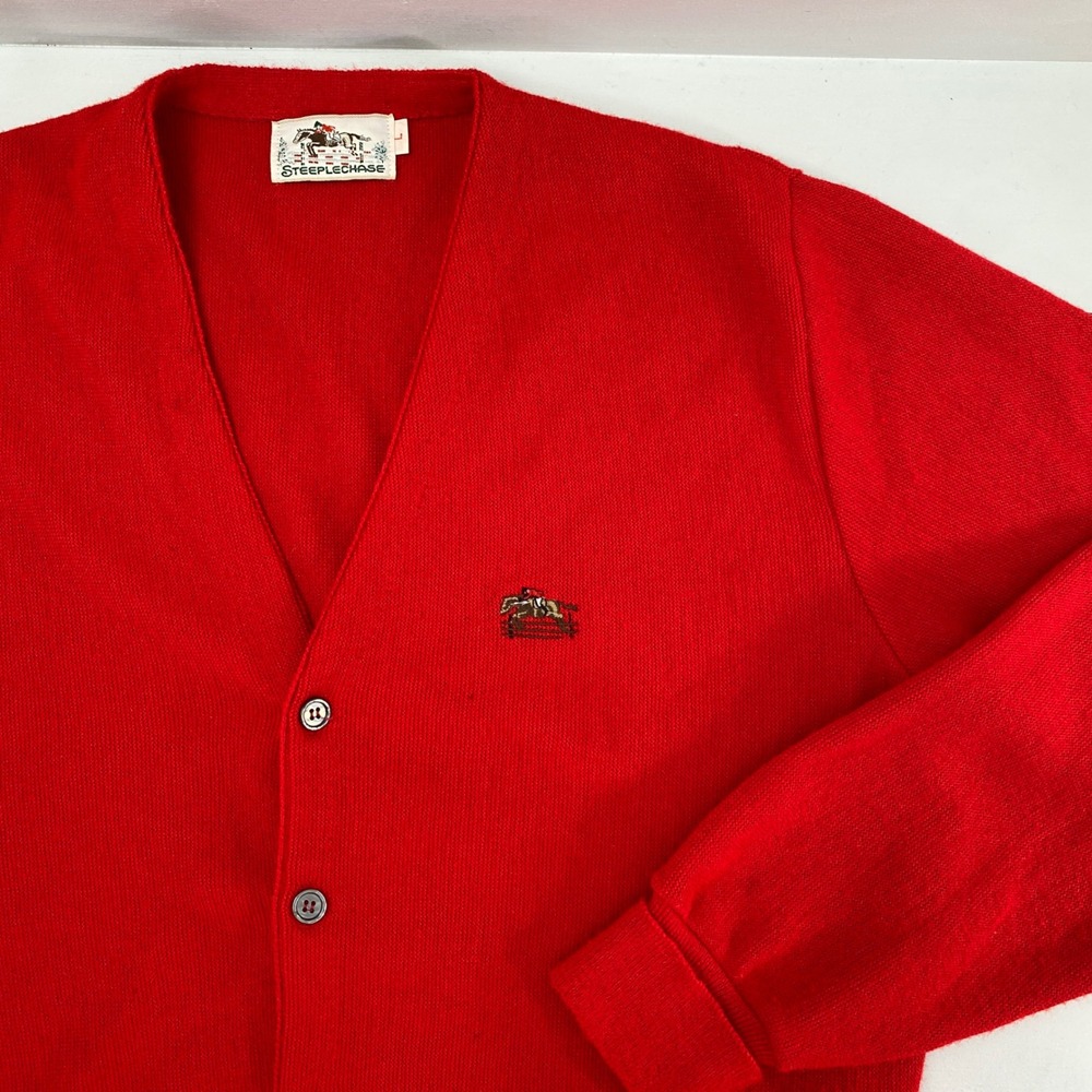 Vtg Steeplechase Cardigan Sweater Mens Large Red Equestrian Orlon Acrylic